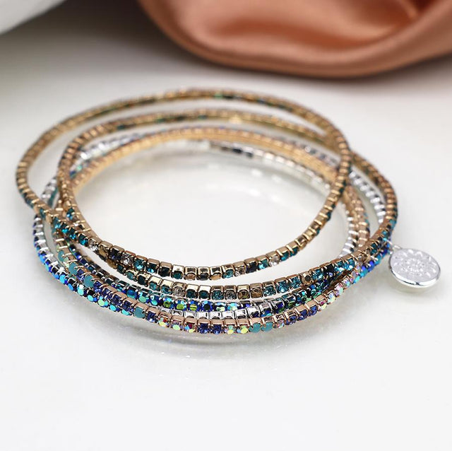 Silver and Faux Gold Blue Mix Crystal Five Bracelet Stack Close Up