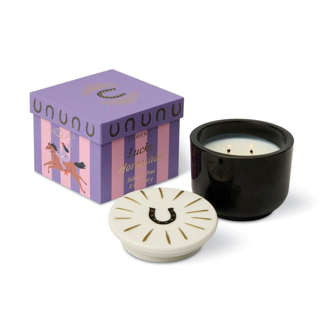 Tabac & Pine Black Glass Candle with Horseshoe Ceramic Lid