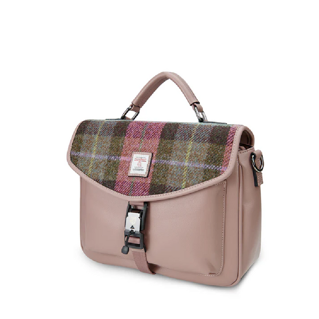 Pink and Green Tartan Harris Tweed Mini Laptop Bag Side Facing