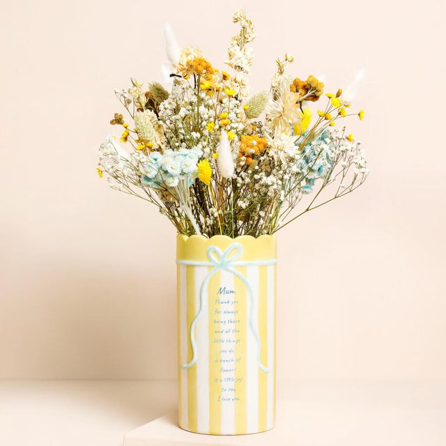 Yellow Stripes Scallop Edge Bow Mum Vase