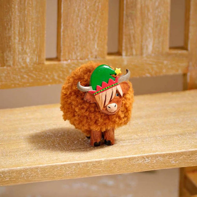 Mini Christmas Elf Highland Cow Pom Pom Decoration