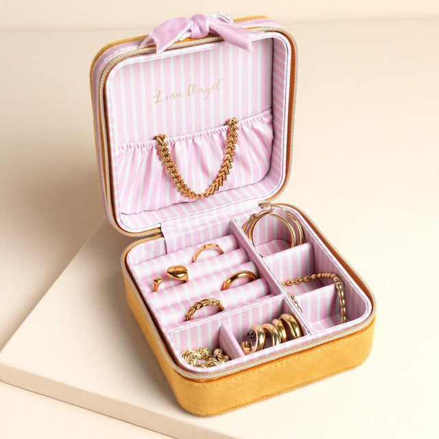 Mustard and Pink Velvet Bow Square Travel Jewellery Case Inside View