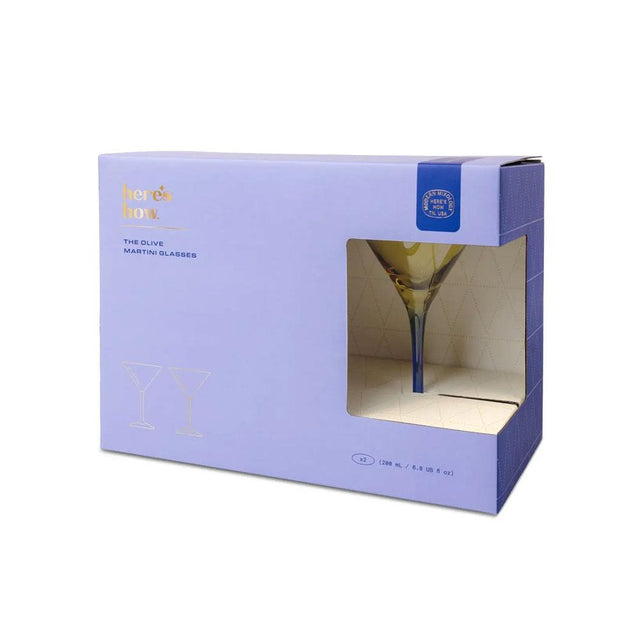 Olive and Cobalt Blue Martini Glasses Set Gift Box