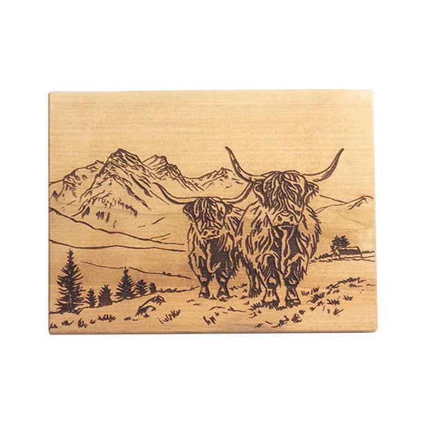 Scenic Highland Cow Beech Wood Bar Board Close Up