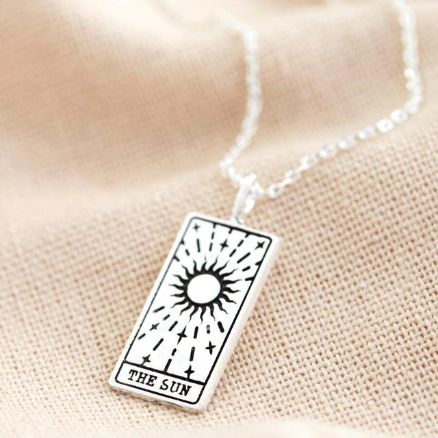 Silver The Sun Tarot Card Pendant Necklace Close Up