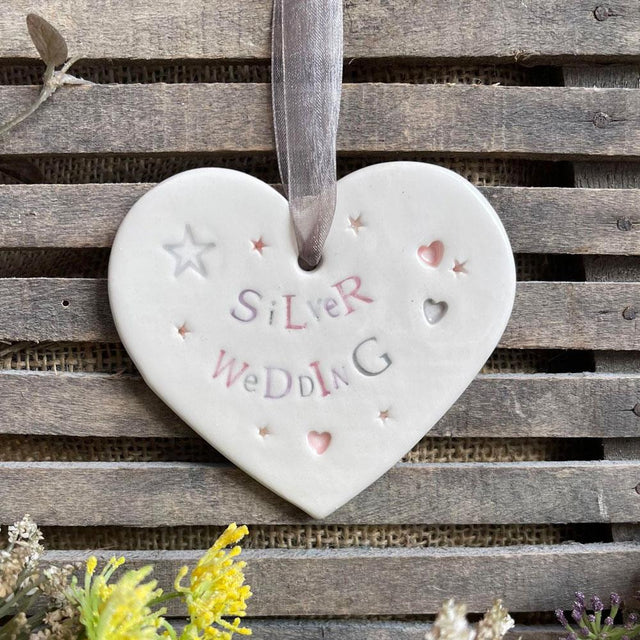 Silver Wedding Anniversary Ceramic Hanging Heart Decoration