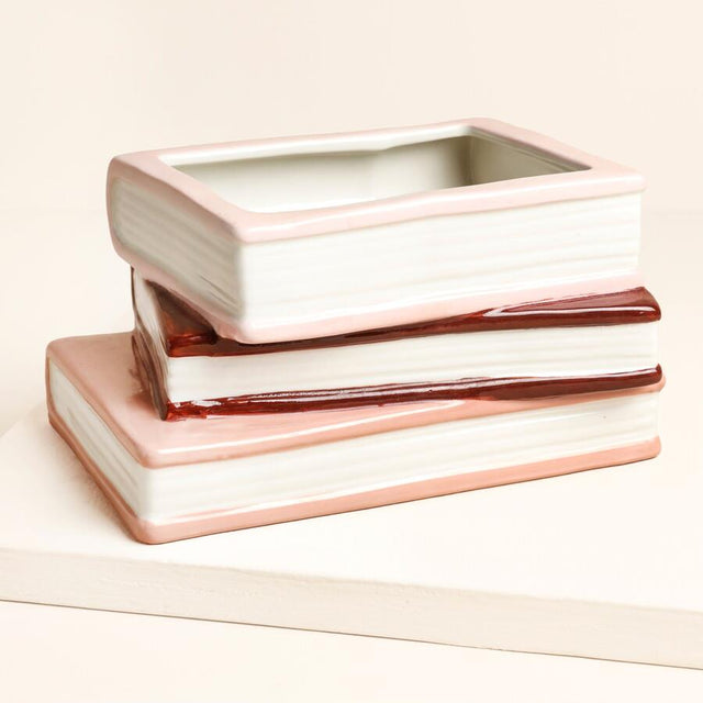 Stack of Books Ceramic Planter Back Facing