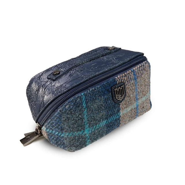 Harris Tweed Navy and Beige Tartan Mini Wash Bag Side View