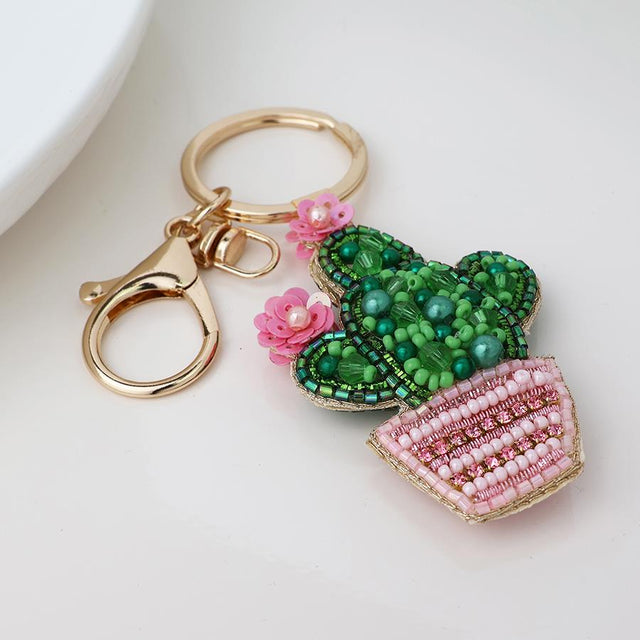 Cactus in Pot Beaded Bag Charm Keyring Close Up