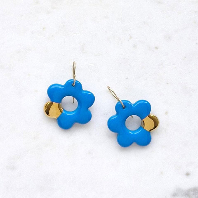 Little Lovers Blue & Gold Jan Retro Flower Dangle Earrings