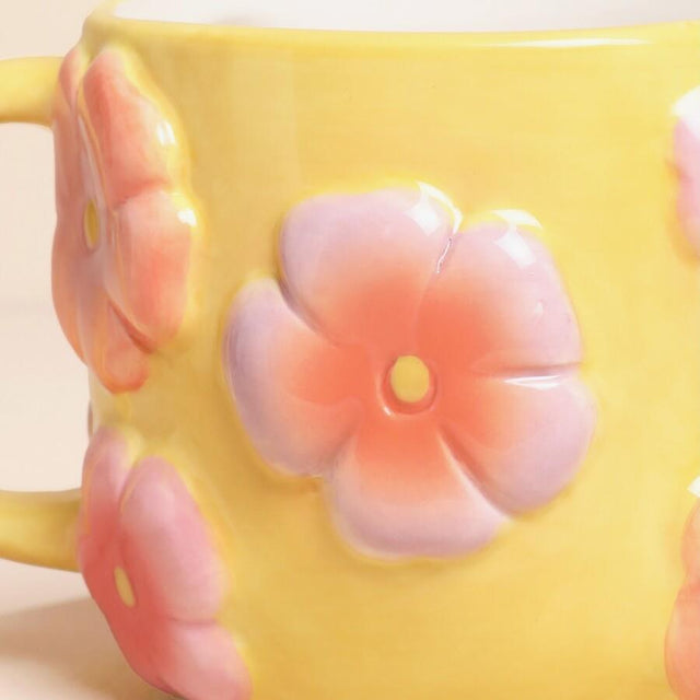 Retro Floral Yellow and Pink Ceramic Mug Close Up