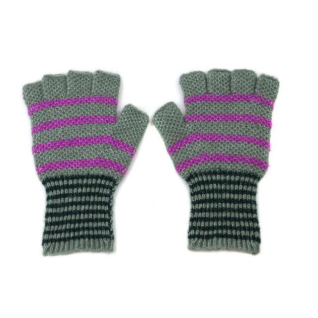 Grey, Green & Purple Stripe Fingerless Gloves