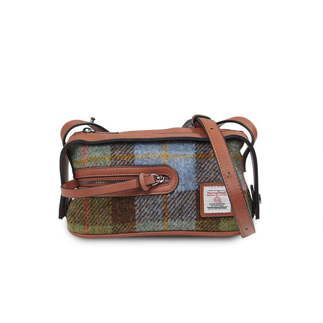 Chestnut and Blue Tartan Harris Tweed Harley Crossbody Bag Close Up