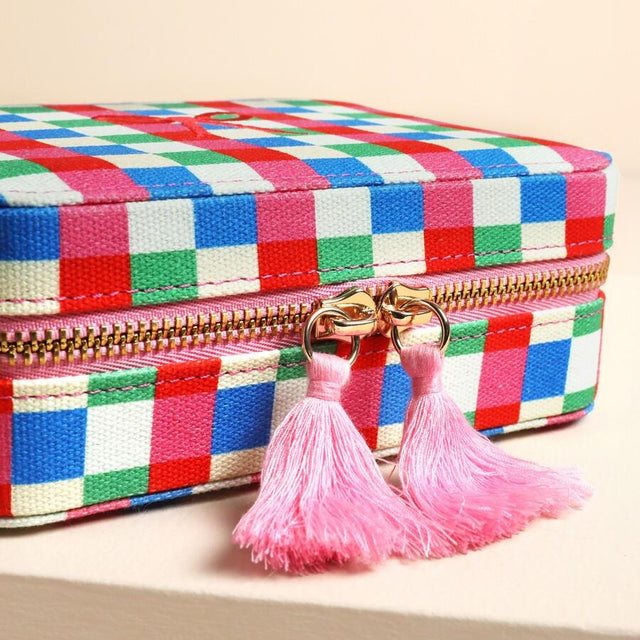 Multi Bright Checkerboard Linen Travel Jewellery Case Zip Detail