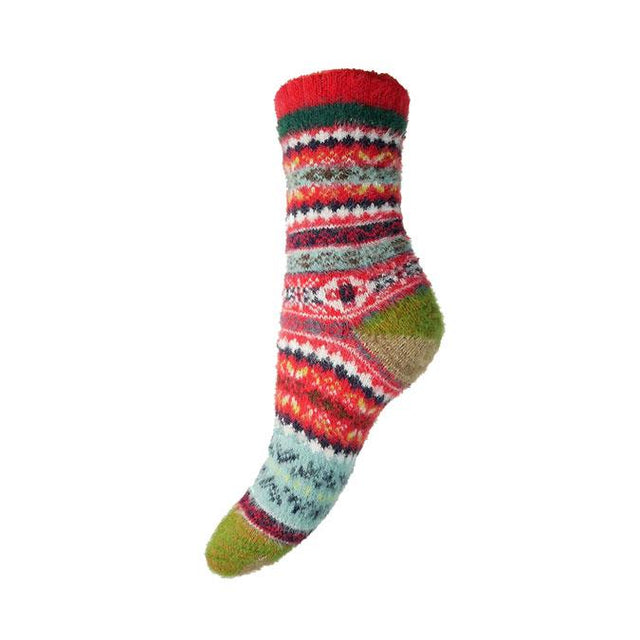 Red and Multi Colour Nordic Wool Blend Women's Socks Close Up