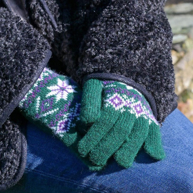 Green & Pink Star Flower Wool Blend Gloves