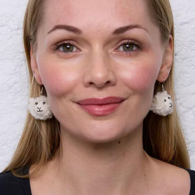 Sheep Head Wool Felt Earrings Full View