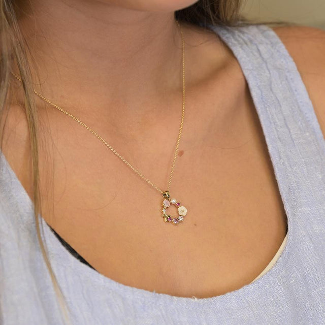 Shell and Pink Floral Wreath Necklace on Model