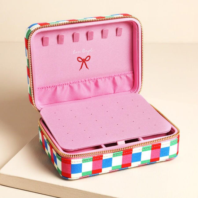 Bright Checkerboard Linen Travel Jewellery Case Compartment