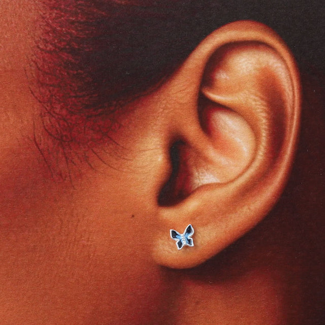 For My Friend Blue Enamel Butterfly Earrings on Model