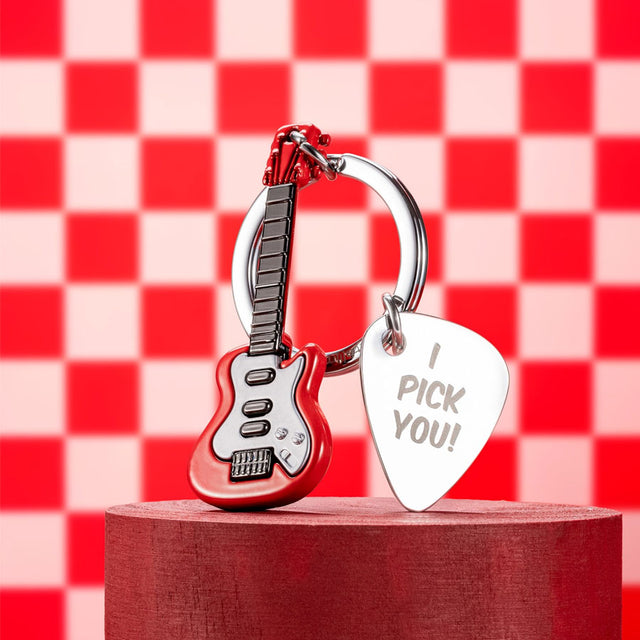Red Electric Guitar with Pick Keyring in Situ