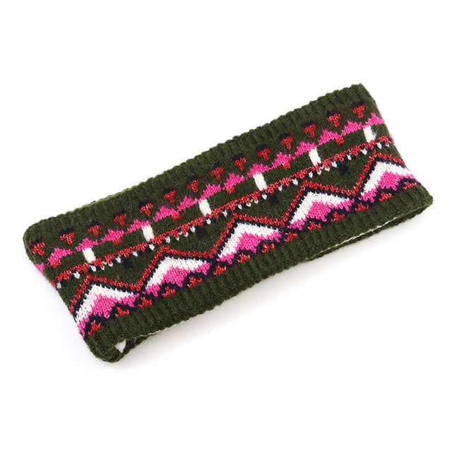 Deep Khaki and Pink Mix Fairisle Headband Close Up