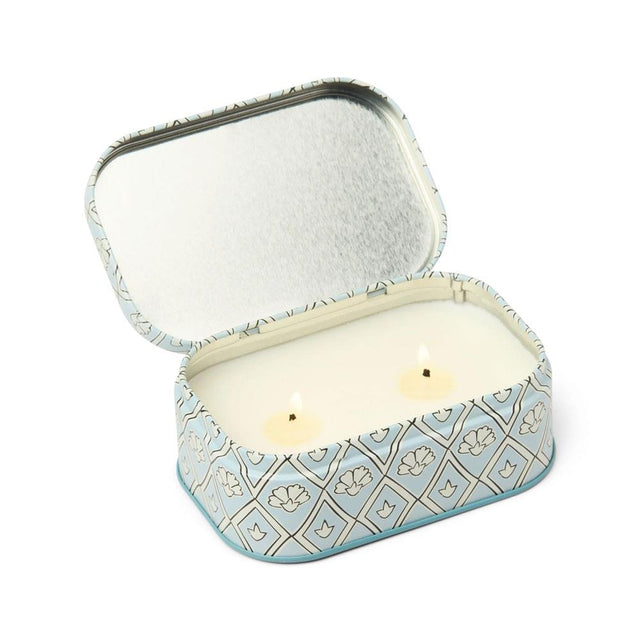 Lavender & Thyme Blue & White Printed Tin Candle Open Lid