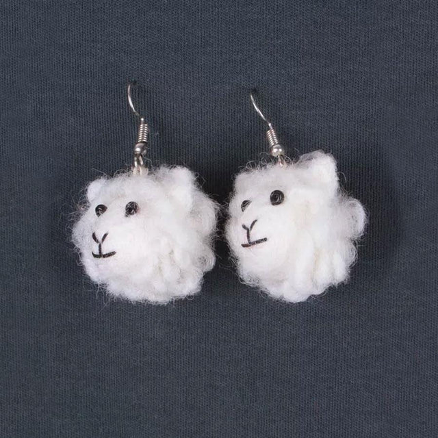 Sheep Head Wool Felt Earrings Close Up