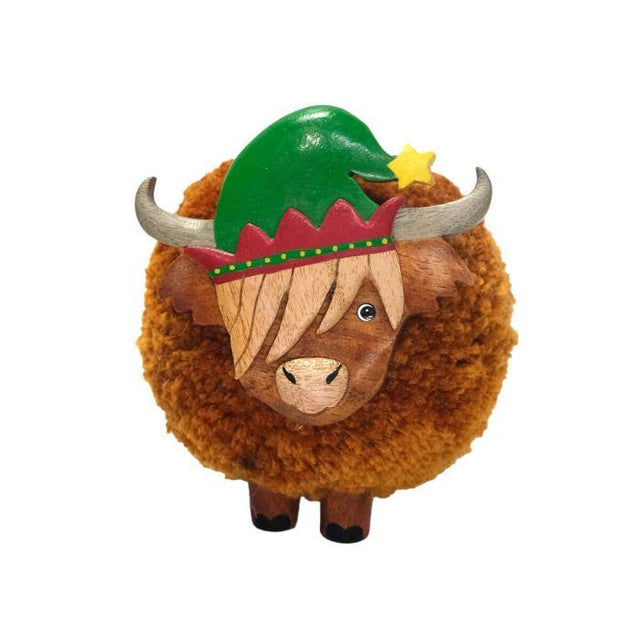 Large Highland Cow Pom Pom with Elf Hat Ornament Front Facing