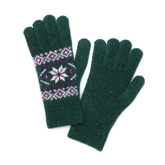 Green & Pink Star Flower Wool Blend Gloves