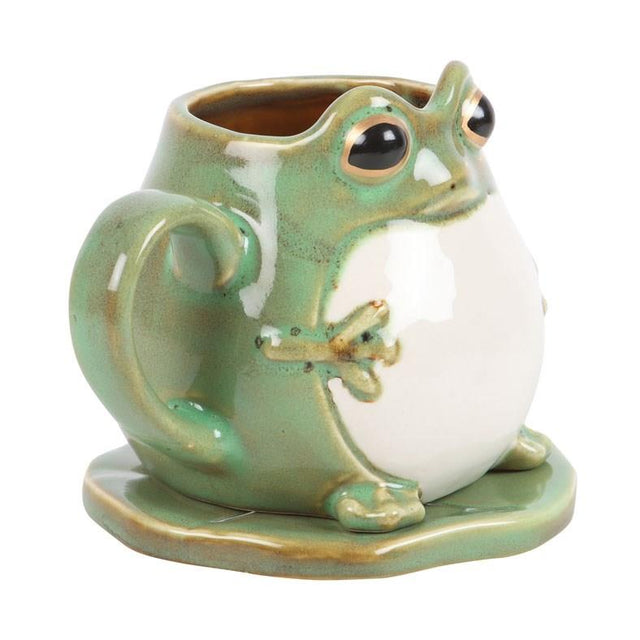 Frog Shaped Mug and Lily Pad Saucer Side Facing