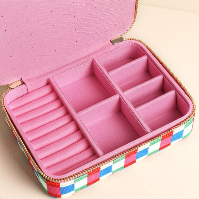 Bright Checkerboard Linen Travel Jewellery Case Close Up