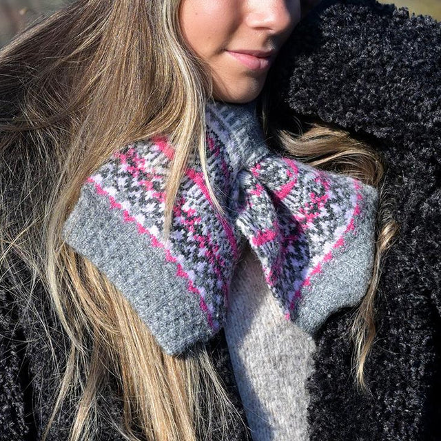 Grey Mix Fairisle Pull Through Scarf on Model
