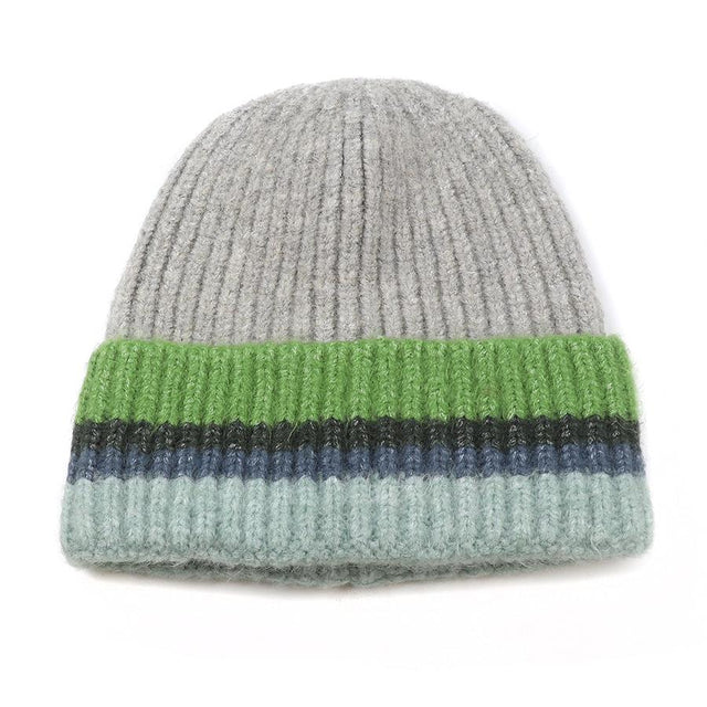 Denim, Grey and Green Striped Rib Turn Up Beanie Hat Close Up