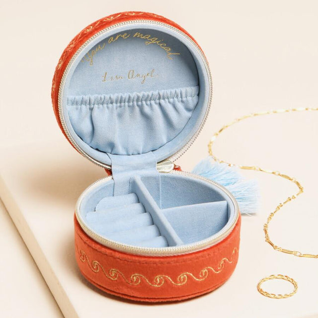 Rust Celestial Velvet Mini Round Travel Jewellery Case Open