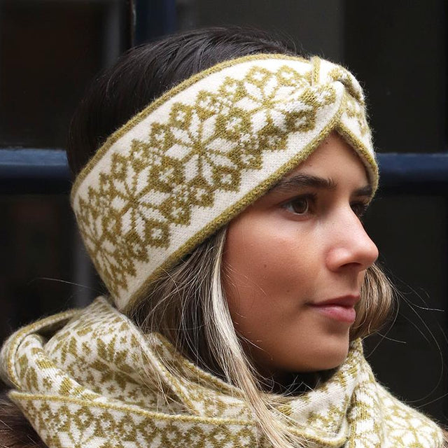 Olive & Cream Mix Scandi Star Flower Headband on Model