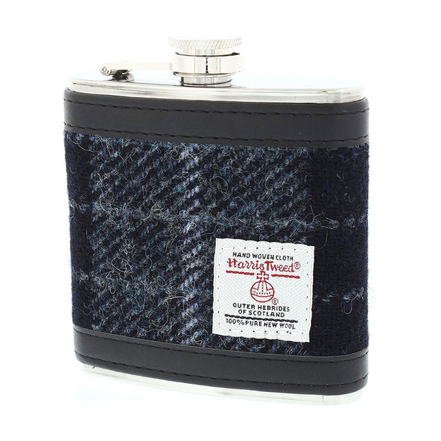 Harris Tweed Hip Flask in Grey Black Tartan