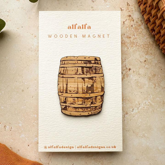 Whiskey Barrel Wood Magnet on Backing Card