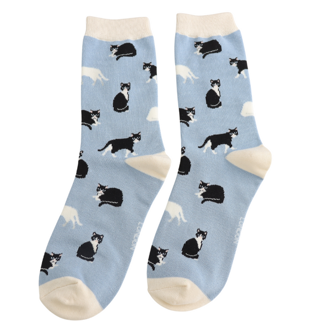 Black & White Cat Women's Socks in Matchbox Close Up