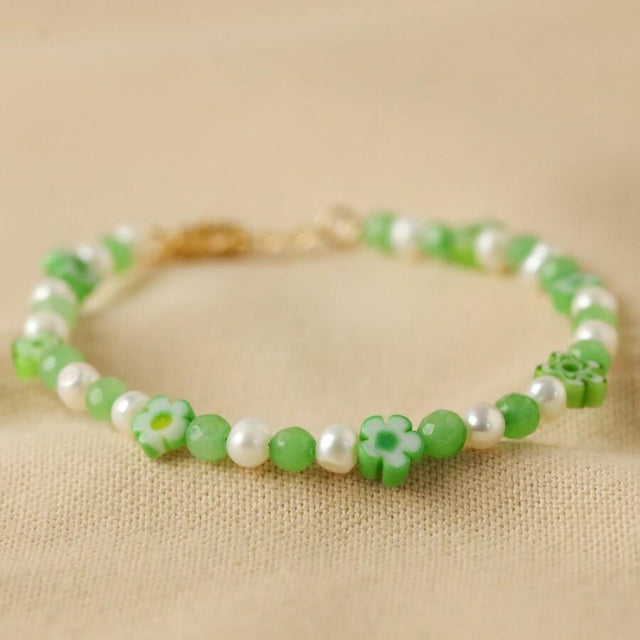 Millefiori Green Flower Bead Drop Bracelet
