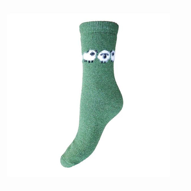 Green Three Fluffy Black & White Sheep Women's Socks