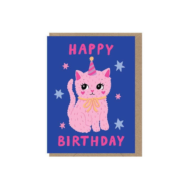 Pink Cat with Party Hat Mini Birthday Card