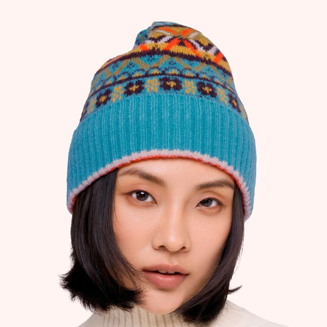 Teal Fairisle Beanie Hat on Model