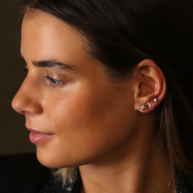 Faux Gold Star, Moon and Crystal Stud Earring Set on Model