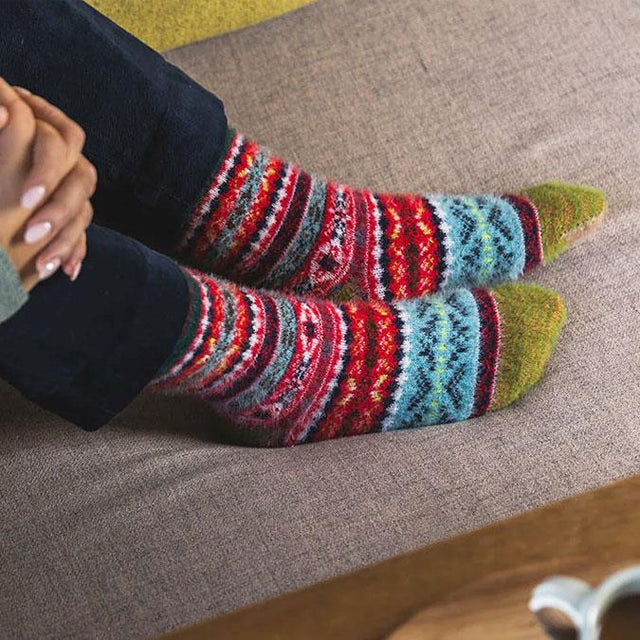 Red and Multi Colour Nordic Wool Blend Women's Socks