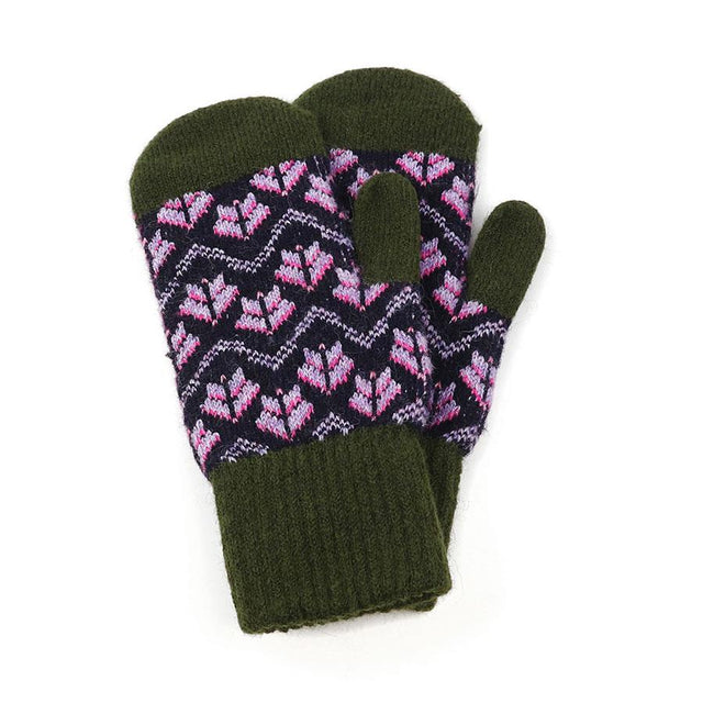 Lilac & Khaki Mix Flower Knit Mittens