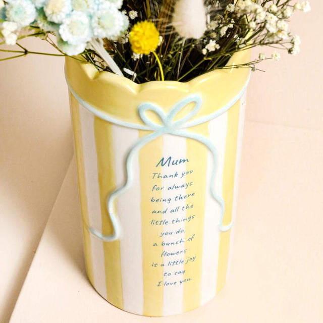 Yellow Stripes Scallop Edge Bow Mum Vase Close Up