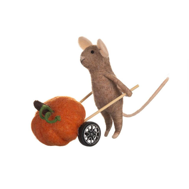 Shoeless Joe Mouse with Pumpkin Wheelbarrow Felt Decoration