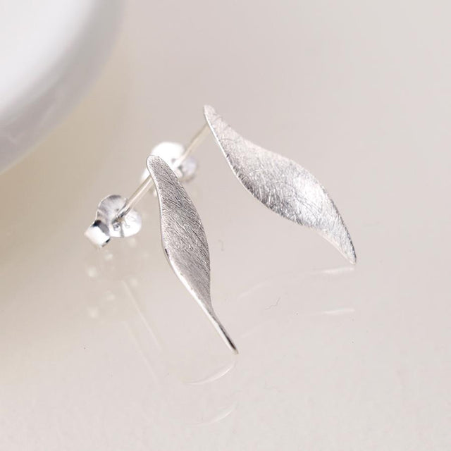 Silver Brushed Marquis Twist Stud Earrings Close Up