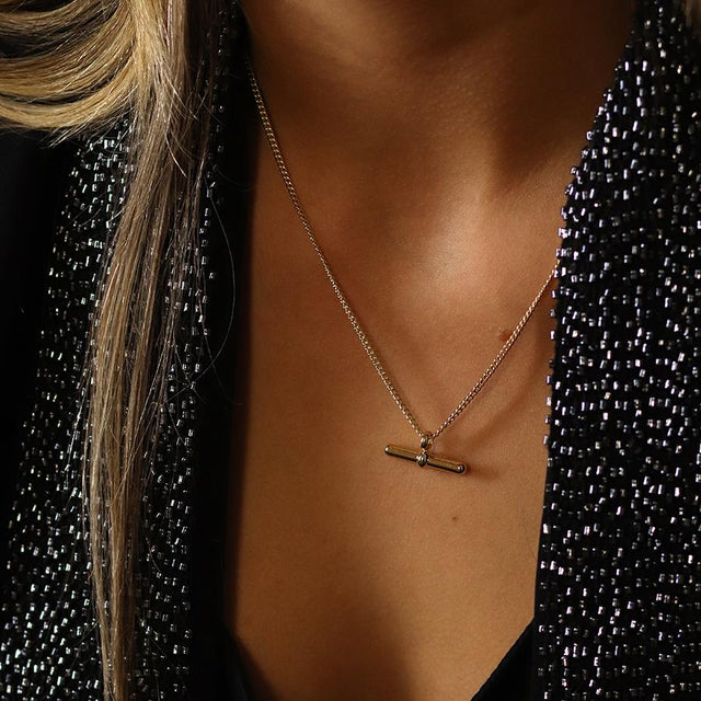 Faux Gold T Bar Pendant on Chain Necklace on Model